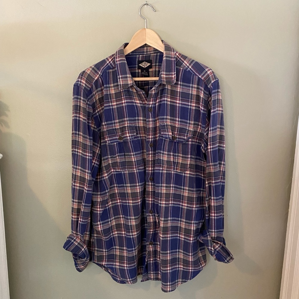 Blue, Red, and Beige Flannel Shirt